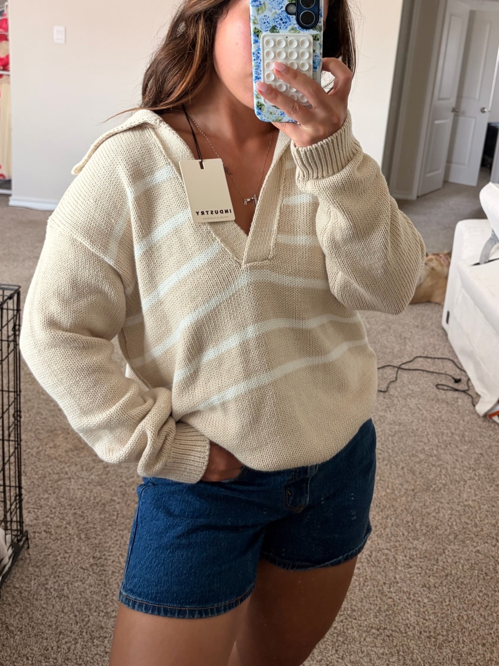 Industry Cream Striped V-Neck Sweater with Collar